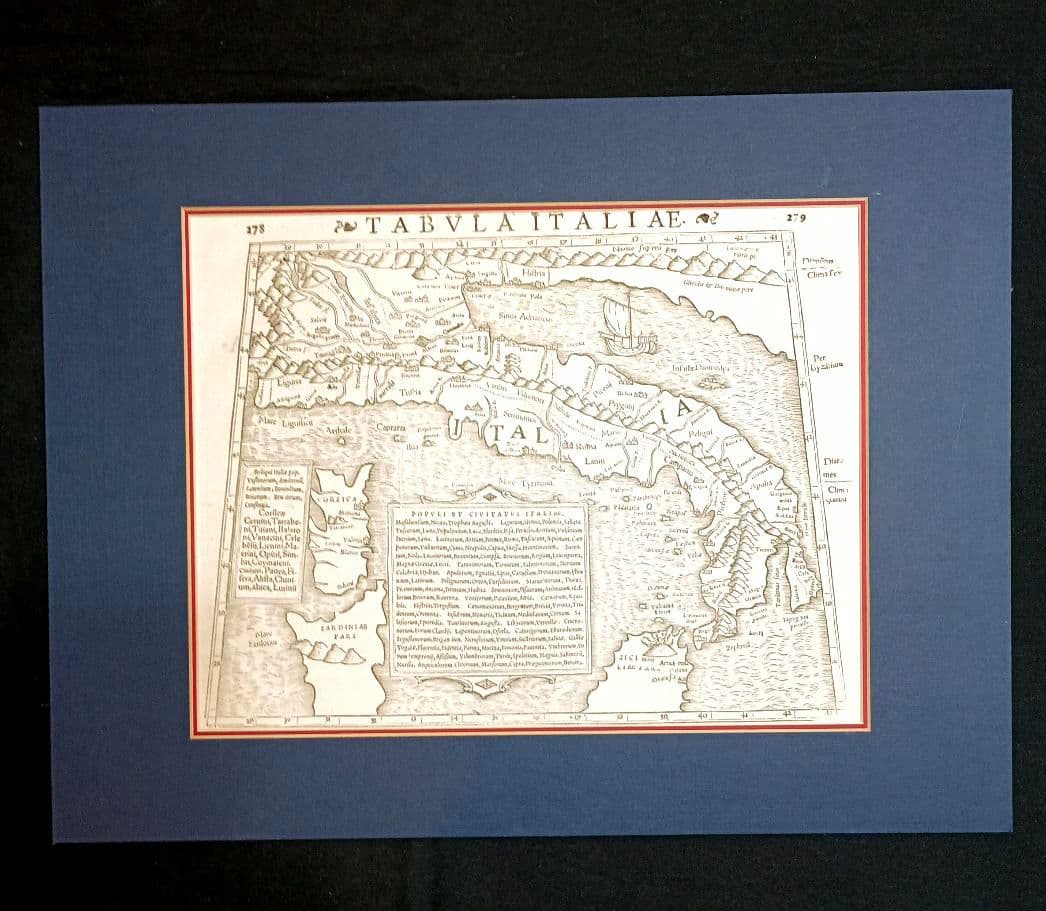 お値下げ　額装品　古地図　1571年　木版画　S.ミュンスター「イタリア全図」