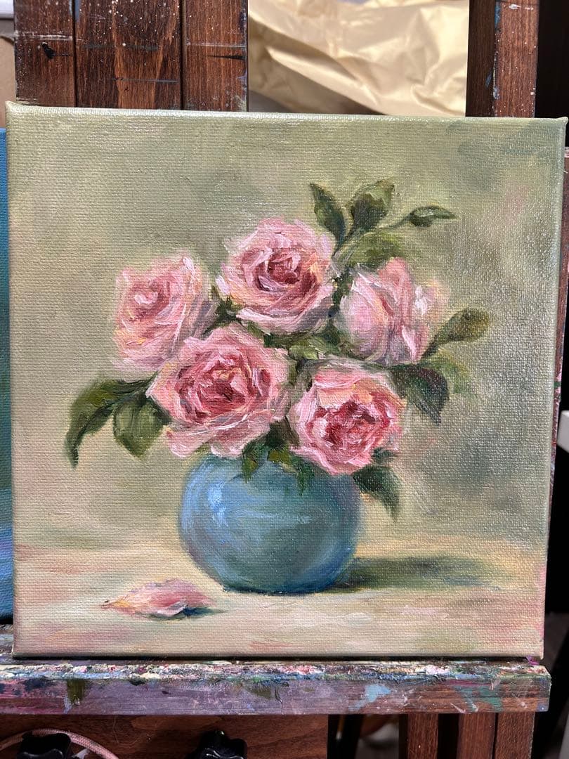 バラの花束 額縁付油彩画 約25cm x 25cm 額縁無し¥5980