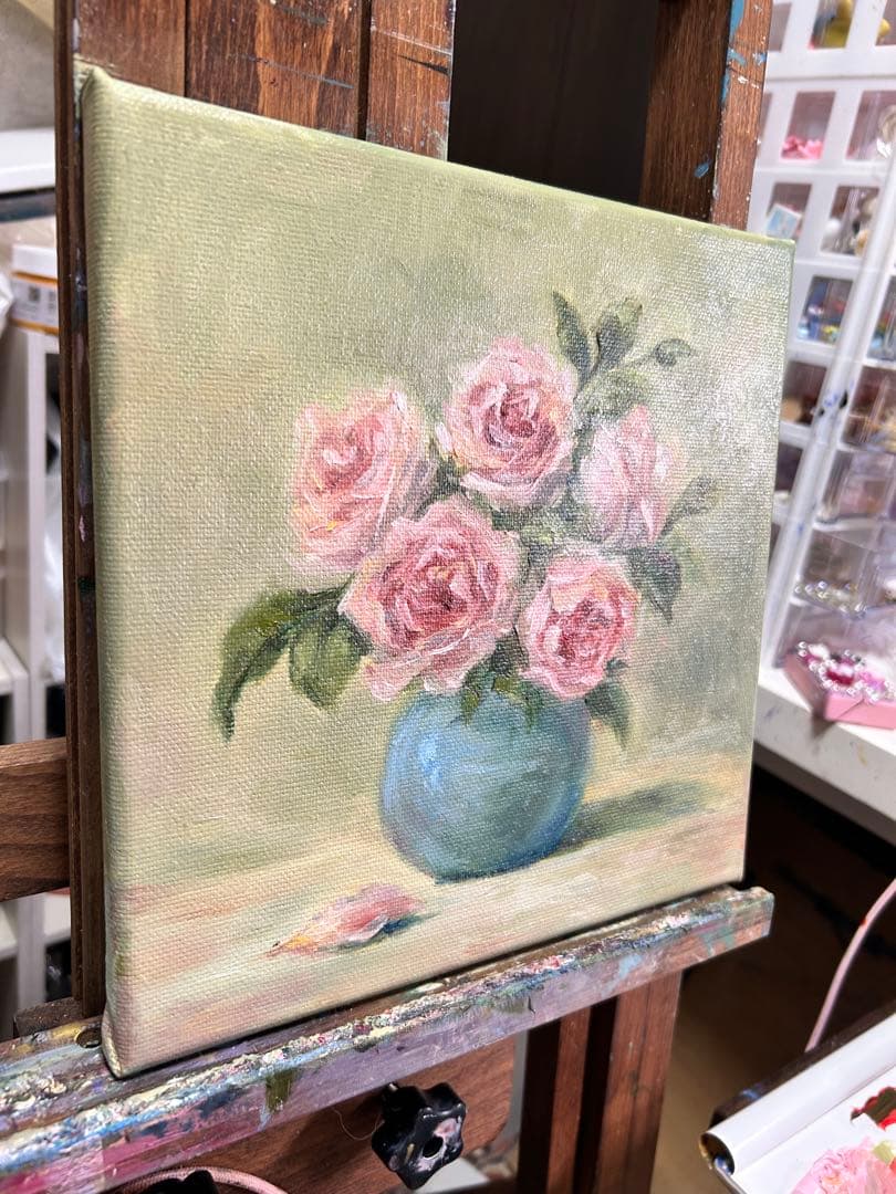 バラの花束 額縁付油彩画 約25cm x 25cm 額縁無し¥5980