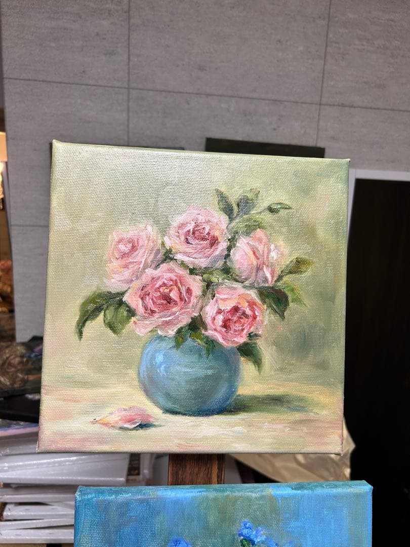 バラの花束 額縁付油彩画 約25cm x 25cm 額縁無し¥5980