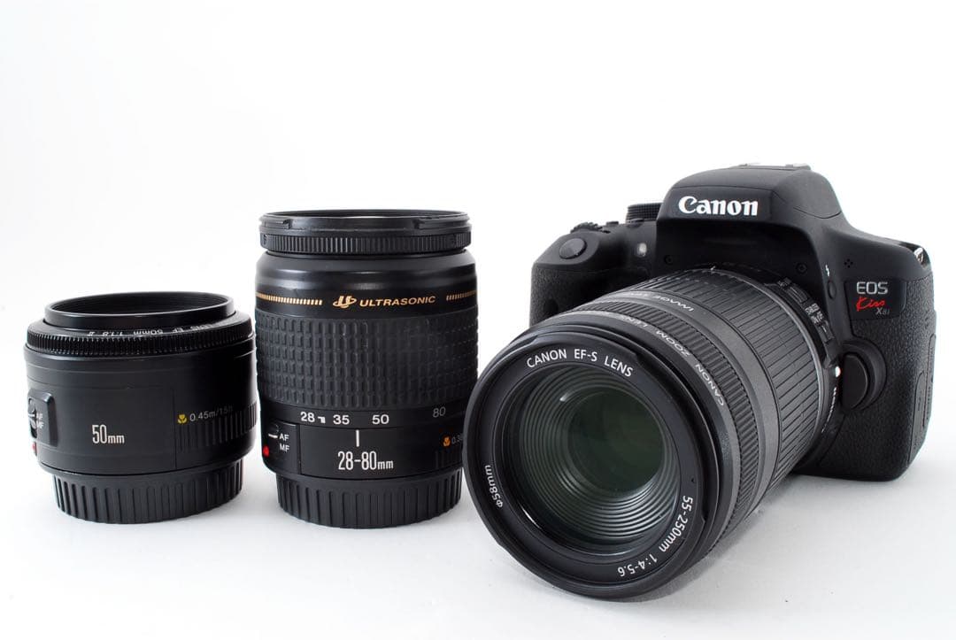 一眼レフカメラcanon kiss x8i 標準&望遠&単焦点レンズセット