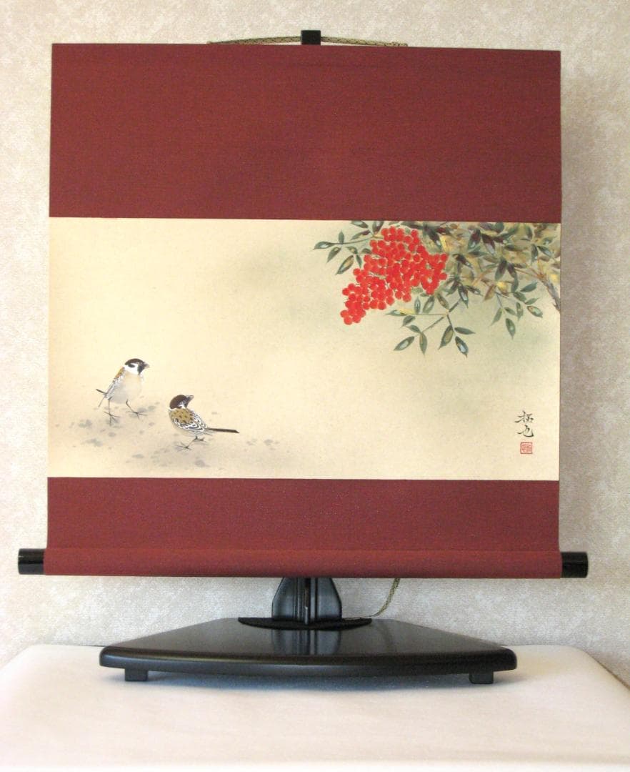 【真筆】ミニ掛け軸　南天に雀◆奥田拓也 (新品)