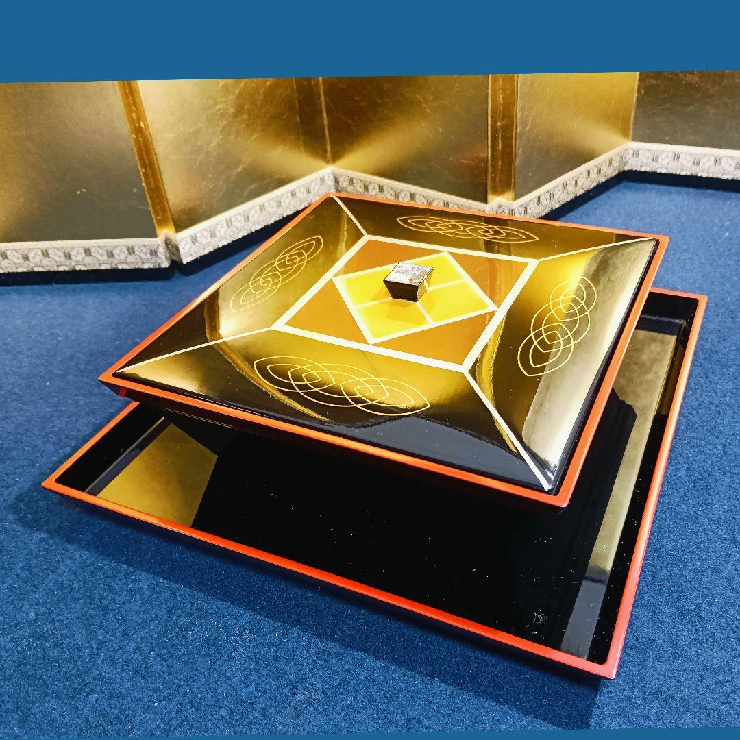 AJ19 光華造 菓子器 銀線文 四方型 四方盆付 螺鈿摘み 木製漆塗 共箱