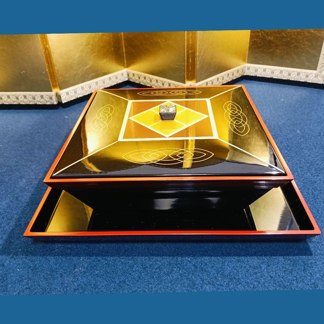 AJ19 光華造 菓子器 銀線文 四方型 四方盆付 螺鈿摘み 木製漆塗 共箱