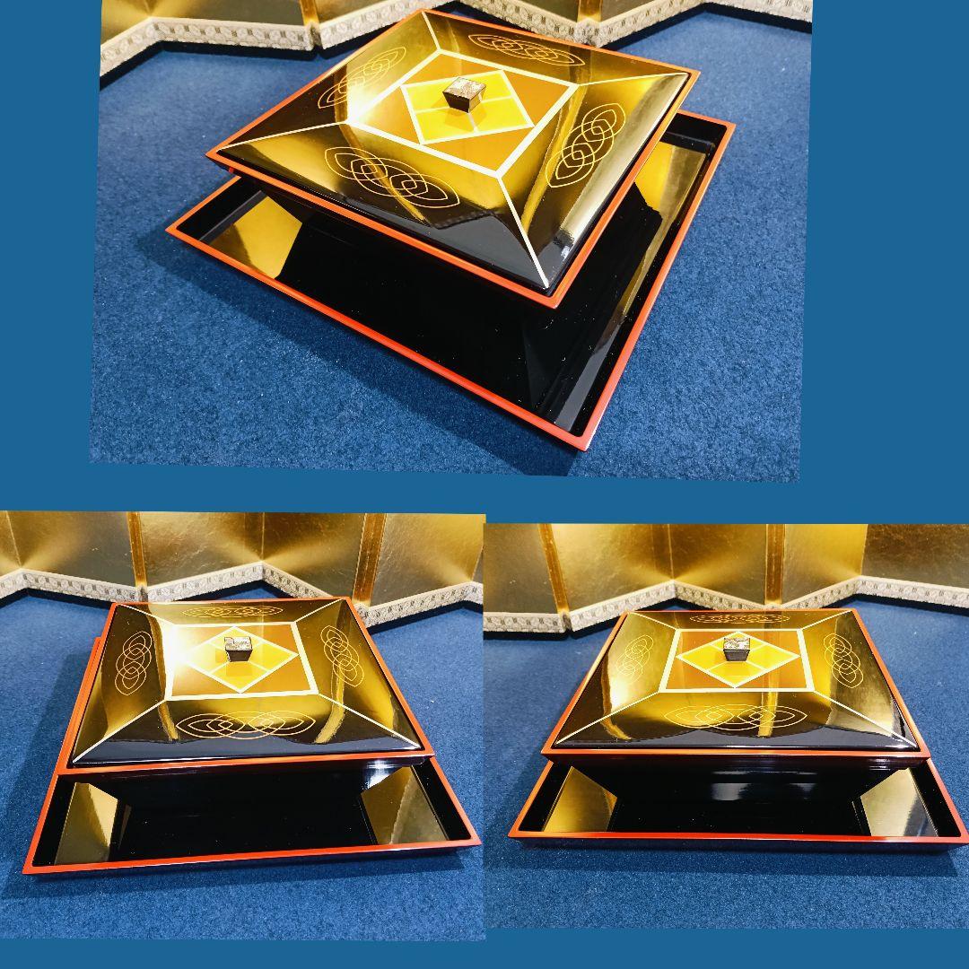 AJ19 光華造 菓子器 銀線文 四方型 四方盆付 螺鈿摘み 木製漆塗 共箱