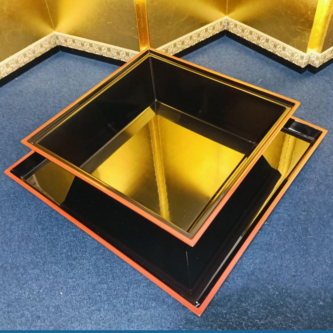 AJ19 光華造 菓子器 銀線文 四方型 四方盆付 螺鈿摘み 木製漆塗 共箱