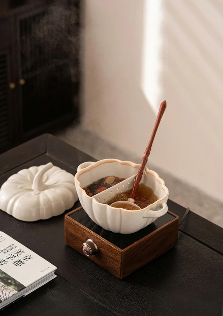 茶さじ付き 土鍋 両手鍋 セラミック 本製】仕切り鍋 調理鍋 フタ付き 万能鍋