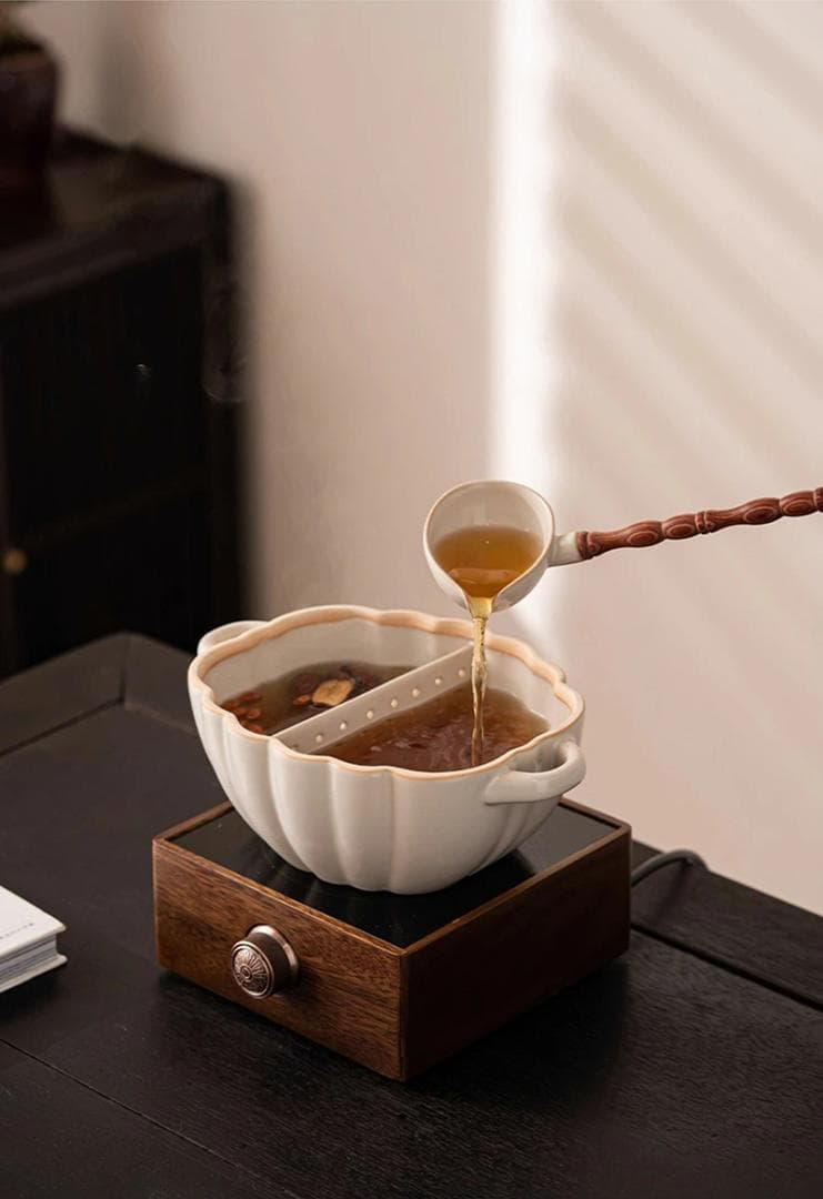 茶さじ付き 土鍋 両手鍋 セラミック 本製】仕切り鍋 調理鍋 フタ付き 万能鍋