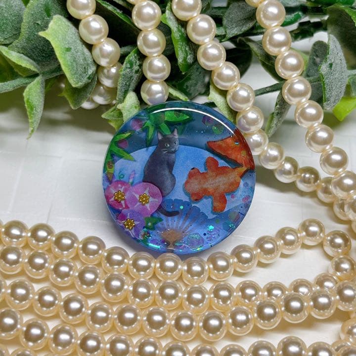 ゆきそら様お取置きです。レジンヘアゴム 和柄の黒猫ちゃん あさがおNo.625