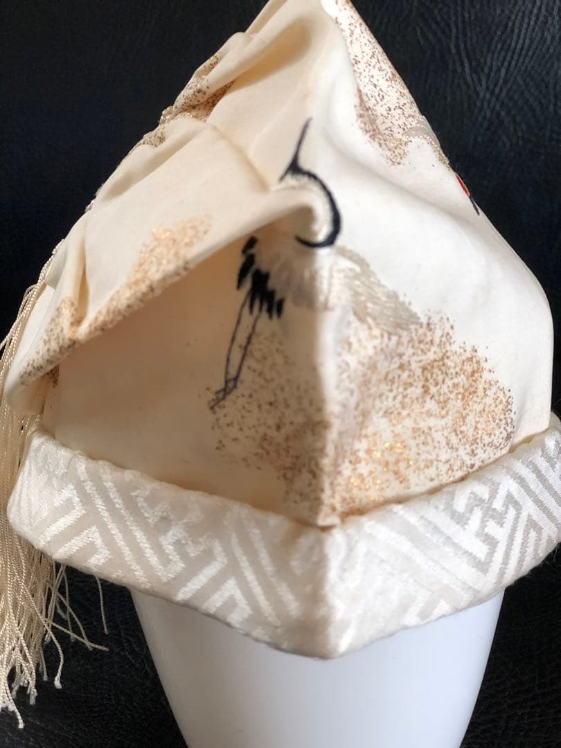 アンティーク　金絵付け　子達帽子　鶴図柄　手刺繍　吉祥文様　正絹　希少正絹