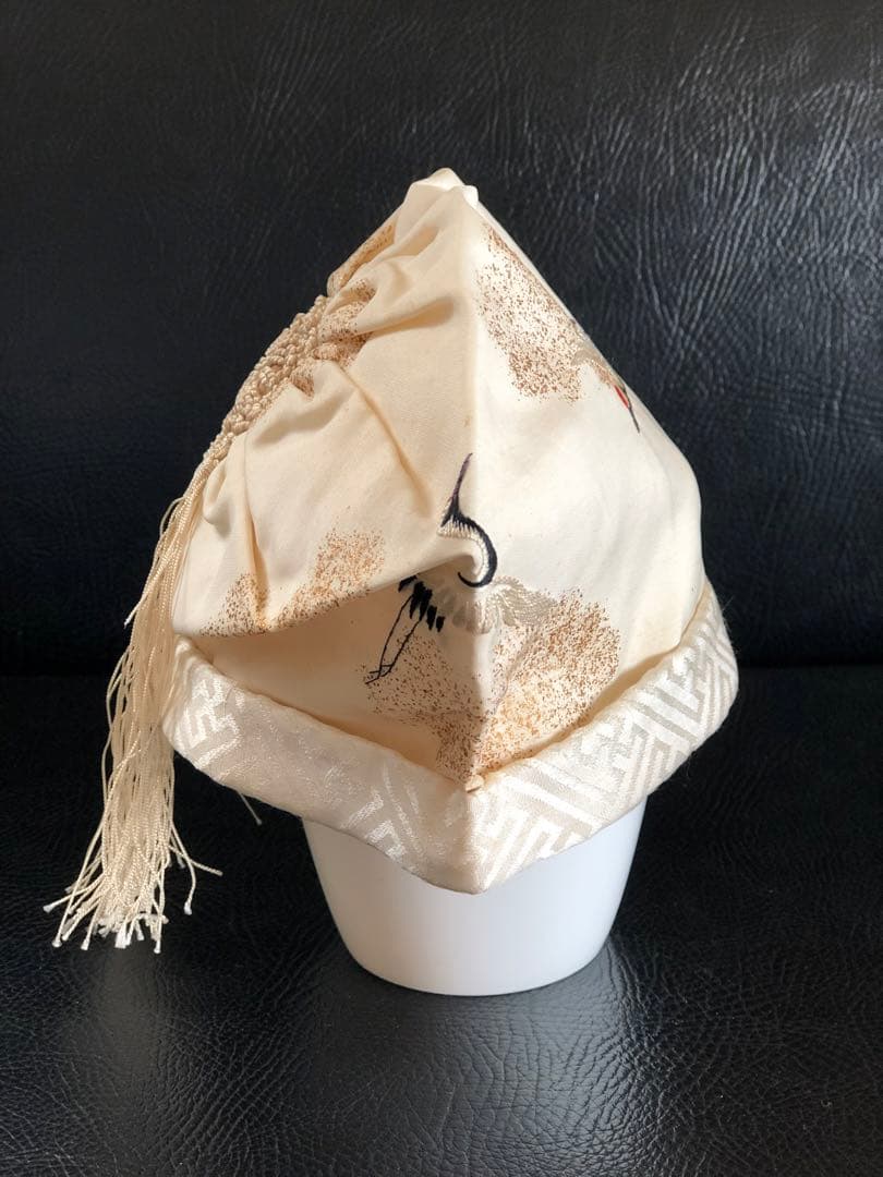 アンティーク　金絵付け　子達帽子　鶴図柄　手刺繍　吉祥文様　正絹　希少正絹