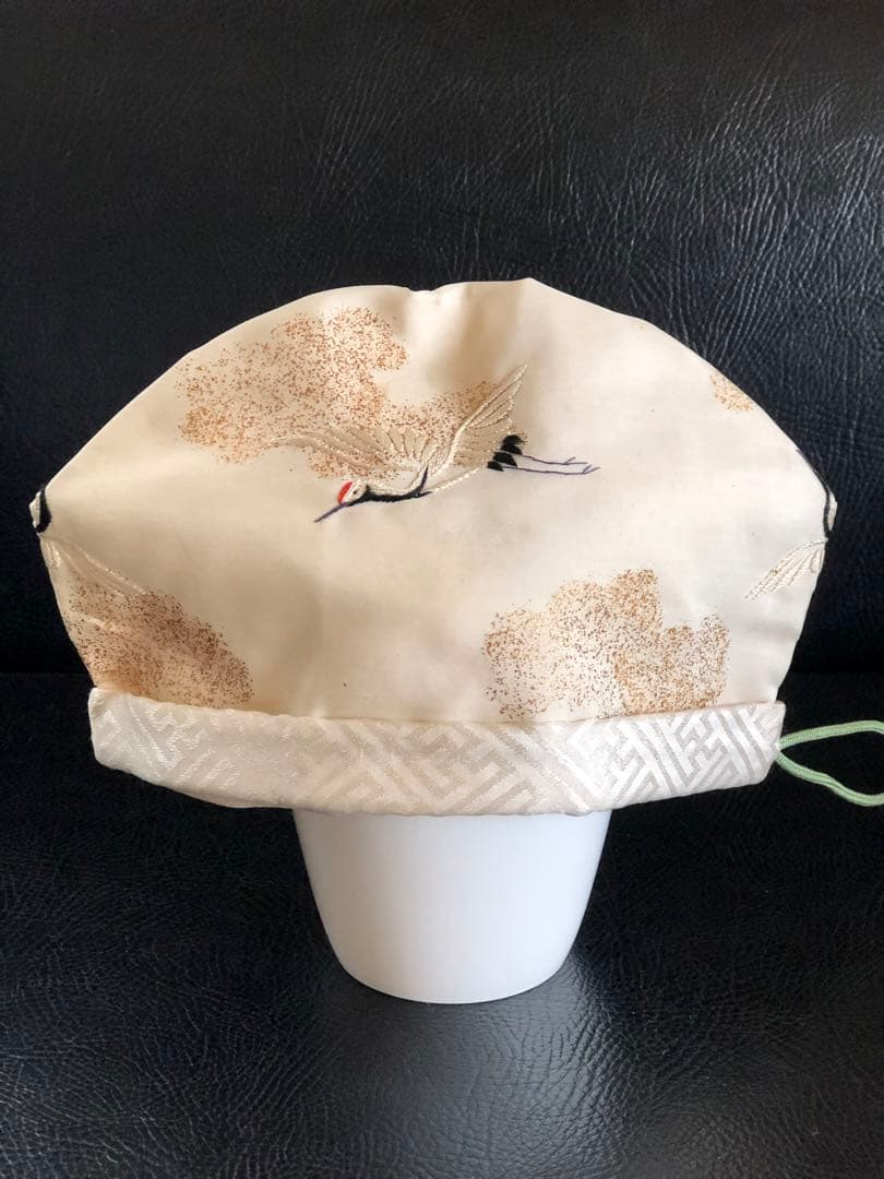 アンティーク　金絵付け　子達帽子　鶴図柄　手刺繍　吉祥文様　正絹　希少正絹