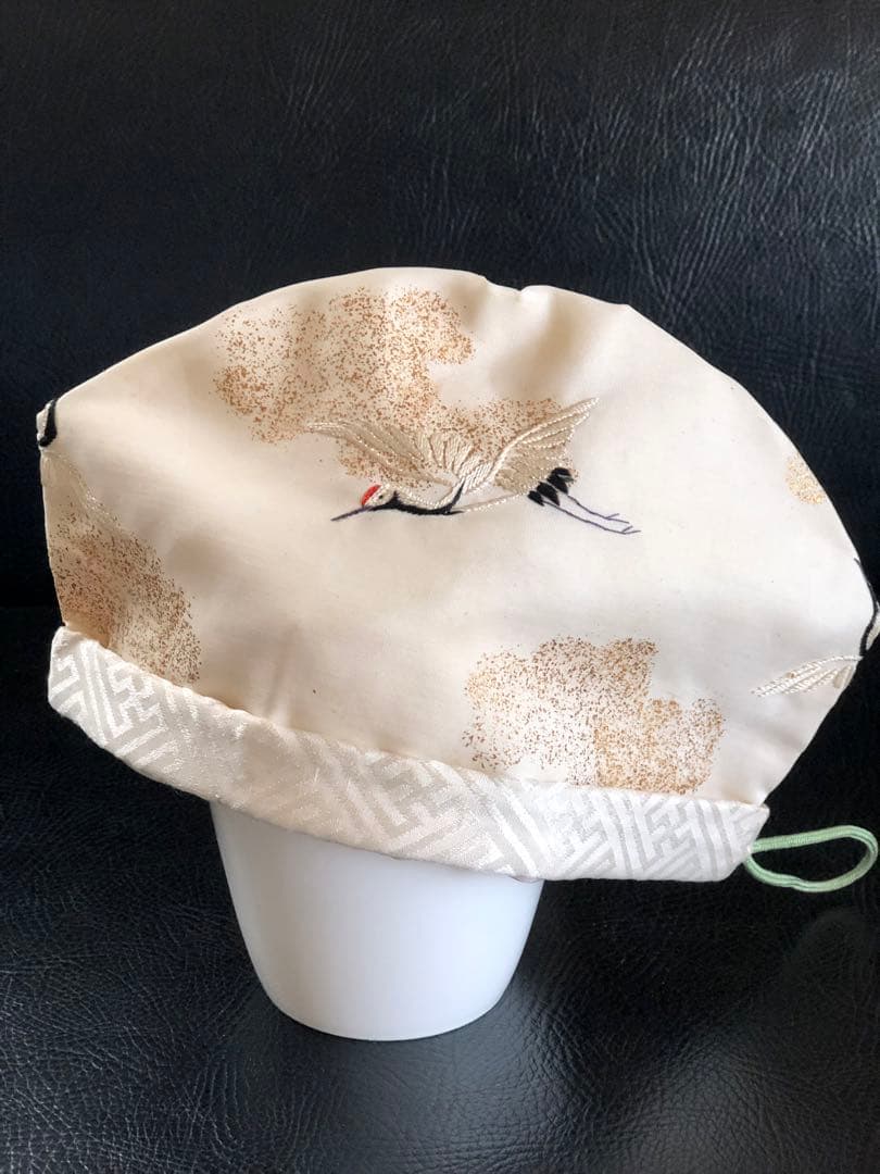 アンティーク　金絵付け　子達帽子　鶴図柄　手刺繍　吉祥文様　正絹　希少正絹