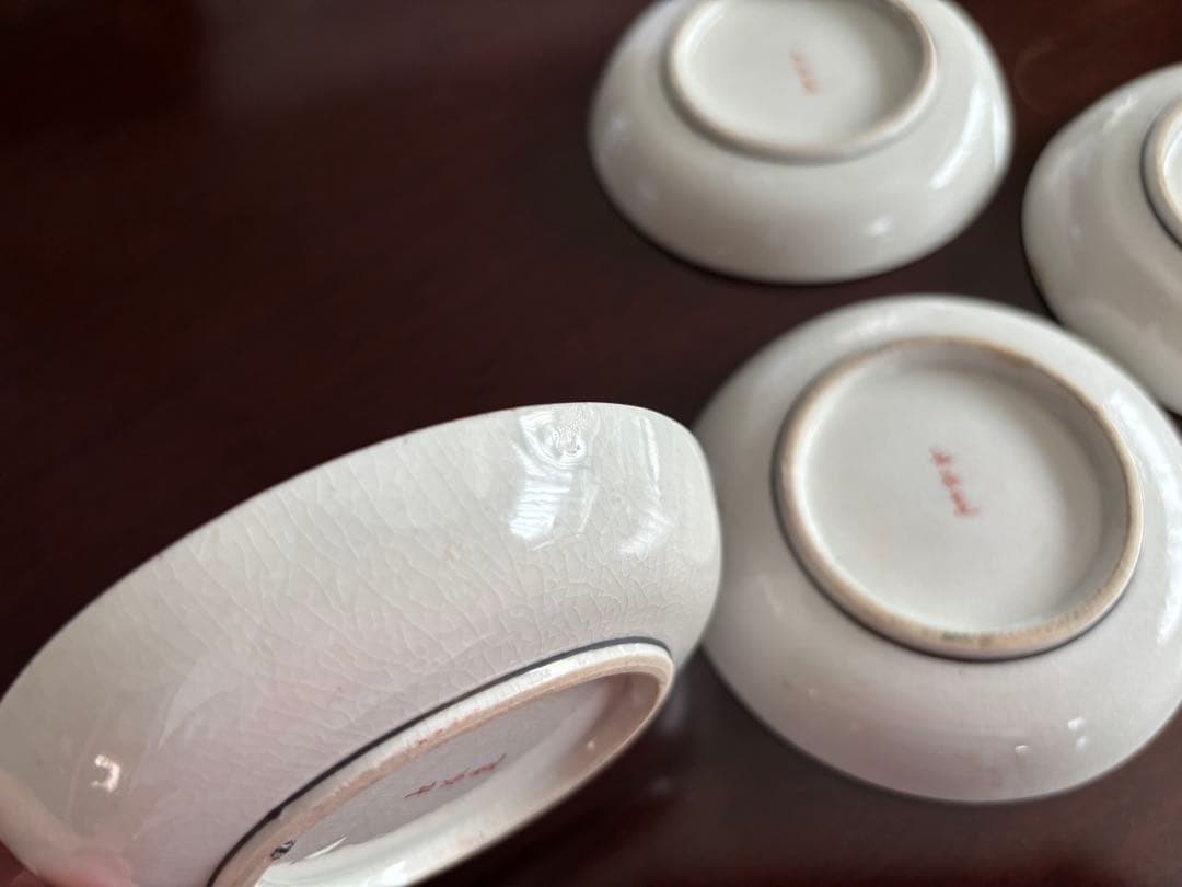 九谷 小皿 滝水辺女人菱紋菊花図 4客