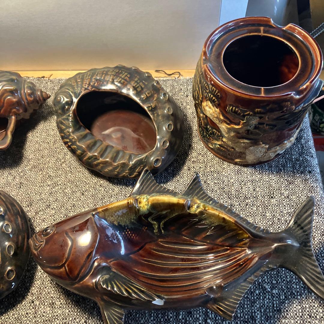 信楽焼　アンティーク　ビンテージ　灰皿　小物入れ　貝殻　魚　陶器　焼物
