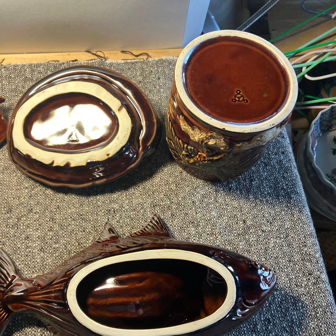 信楽焼　アンティーク　ビンテージ　灰皿　小物入れ　貝殻　魚　陶器　焼物