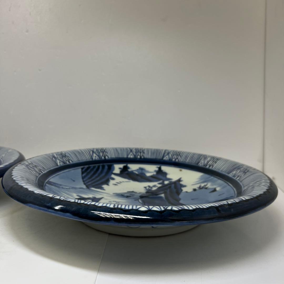 古伊万里　上手染付大皿2枚　木箱付　直径約37㎝　東Y7-0626②タニチ