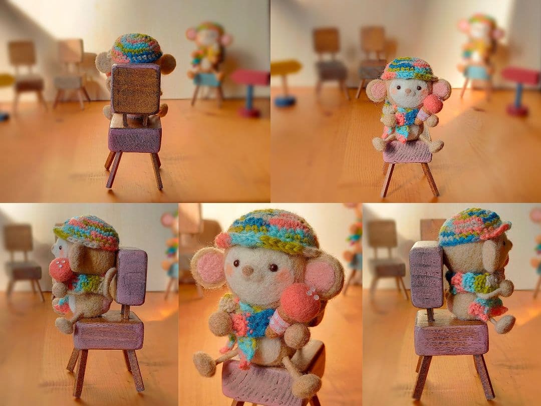 ✿羊毛フェルト✿ちっこいイスとおさるさん✿アイス✿ピンク✿