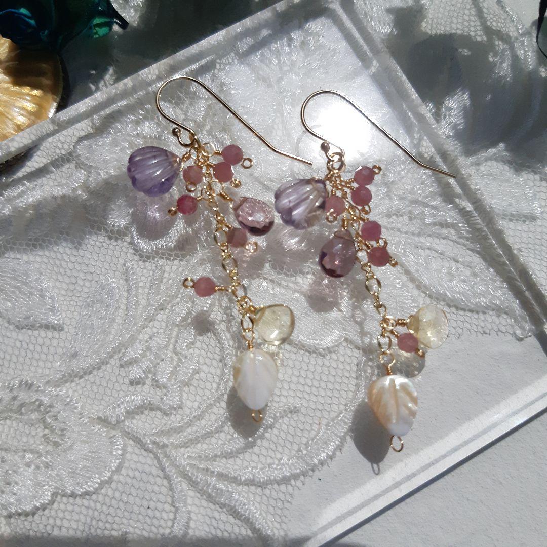 14kgf 貝殻 シェル カービング ピンクアメジスト 大人可愛い ピアス