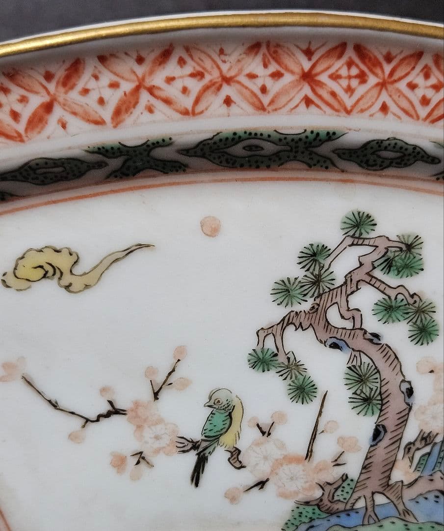 江戸時代末期～明治時代　江戸前期　古九谷写し　色絵　扇面形　松竹梅に鳥の図　皿