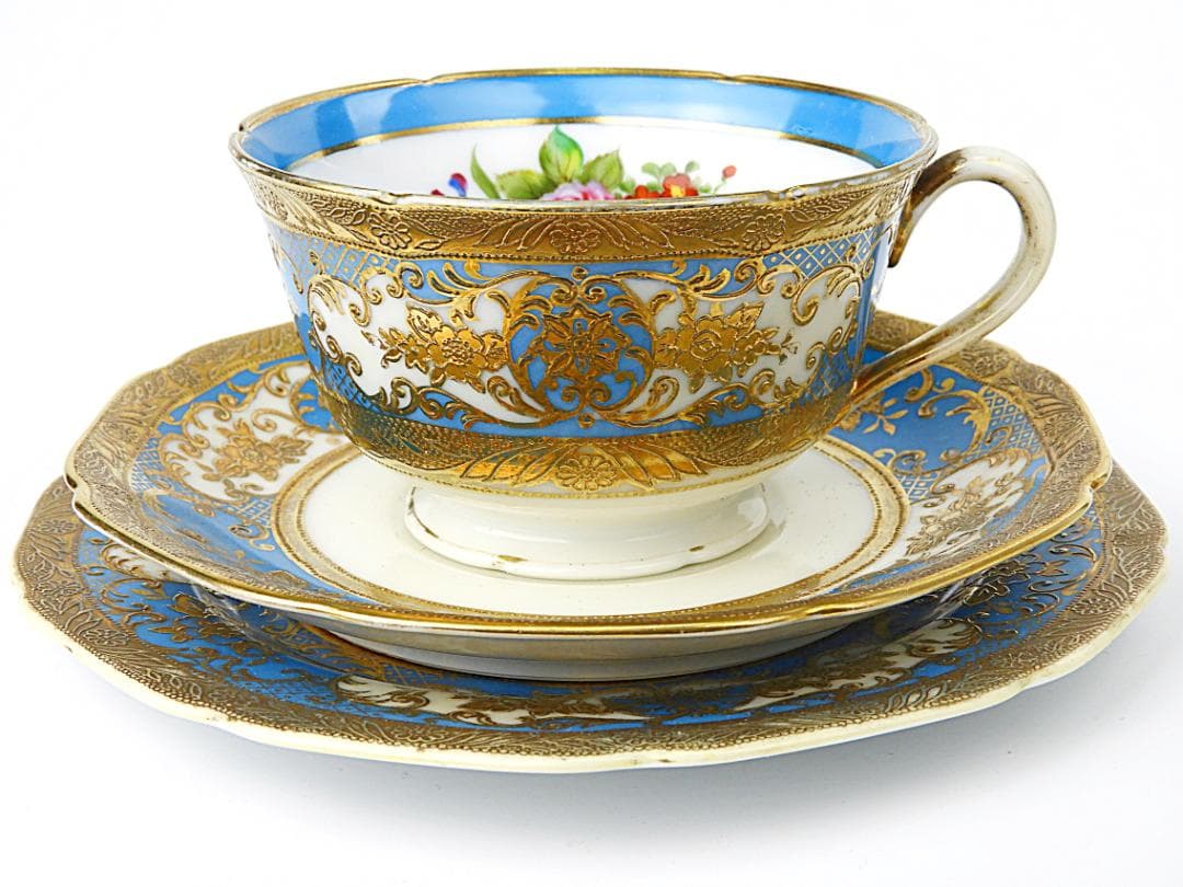 オールドノリタケ 金彩 ターコイズ 薔薇 カップ トリオ