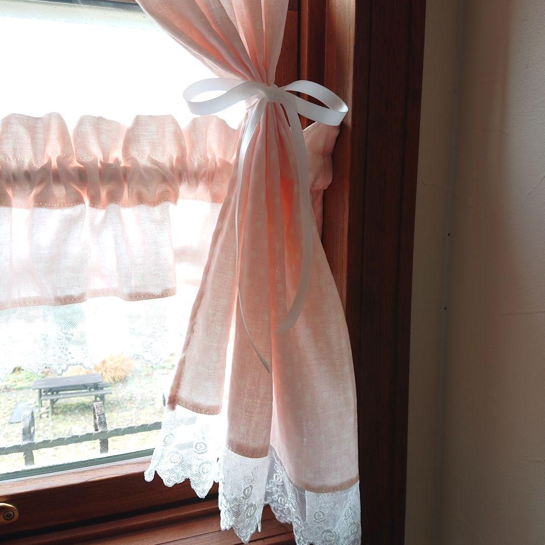 ふんわりダブルガーゼ♡両開き&バランスカフェカーテン ピンク 水玉 ハンドメイド