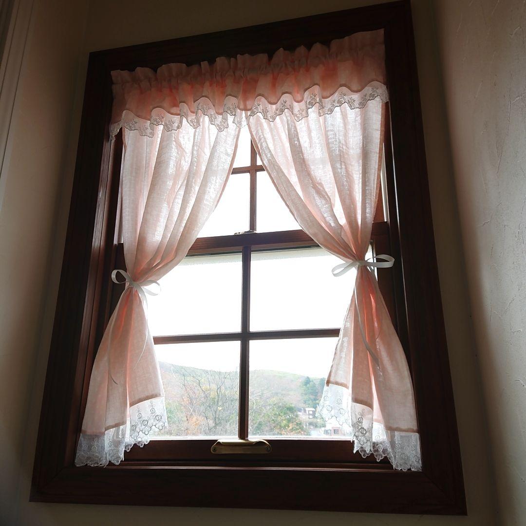 ふんわりダブルガーゼ♡両開き&バランスカフェカーテン ピンク 水玉 ハンドメイド