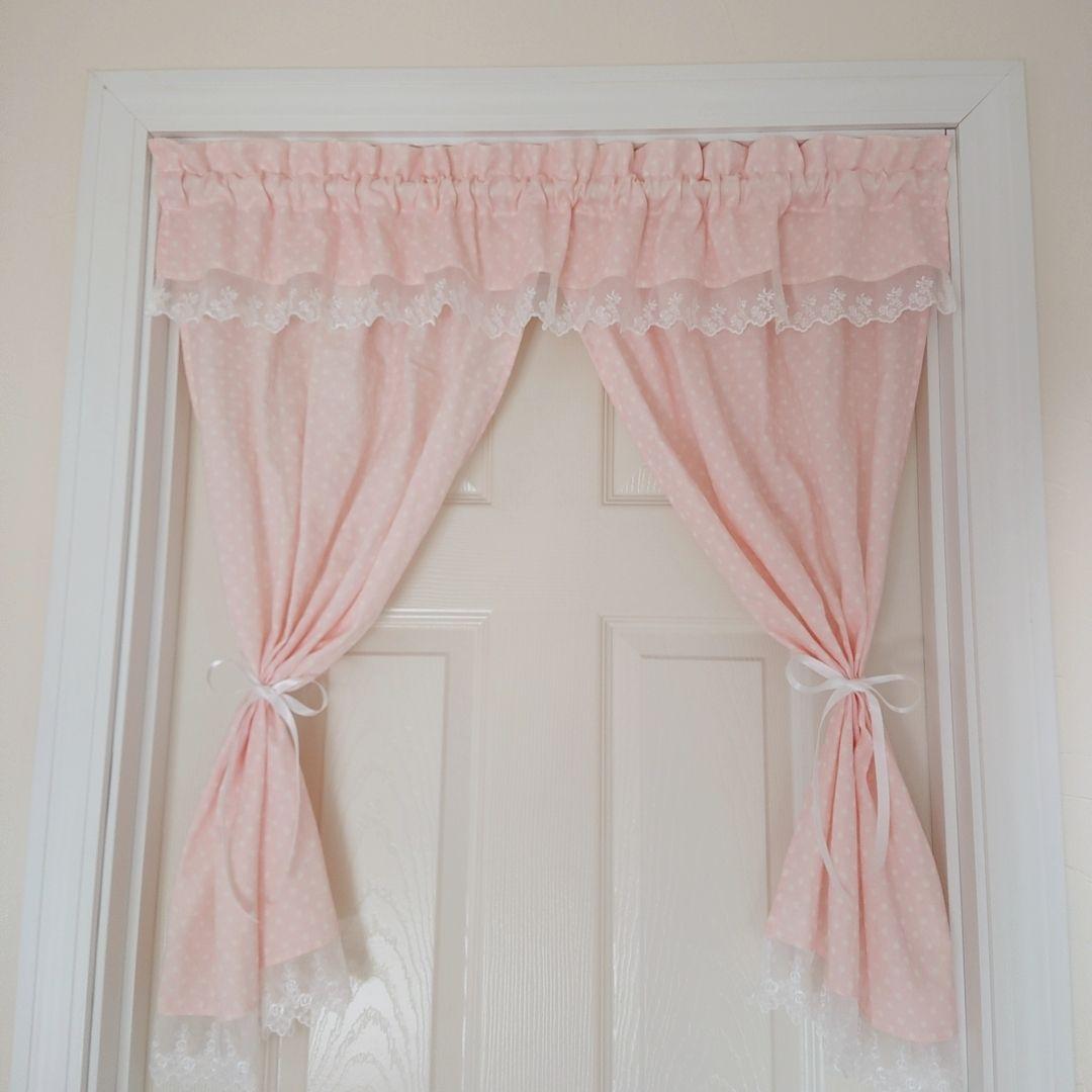 ふんわりダブルガーゼ♡両開き&バランスカフェカーテン ピンク 水玉 ハンドメイド