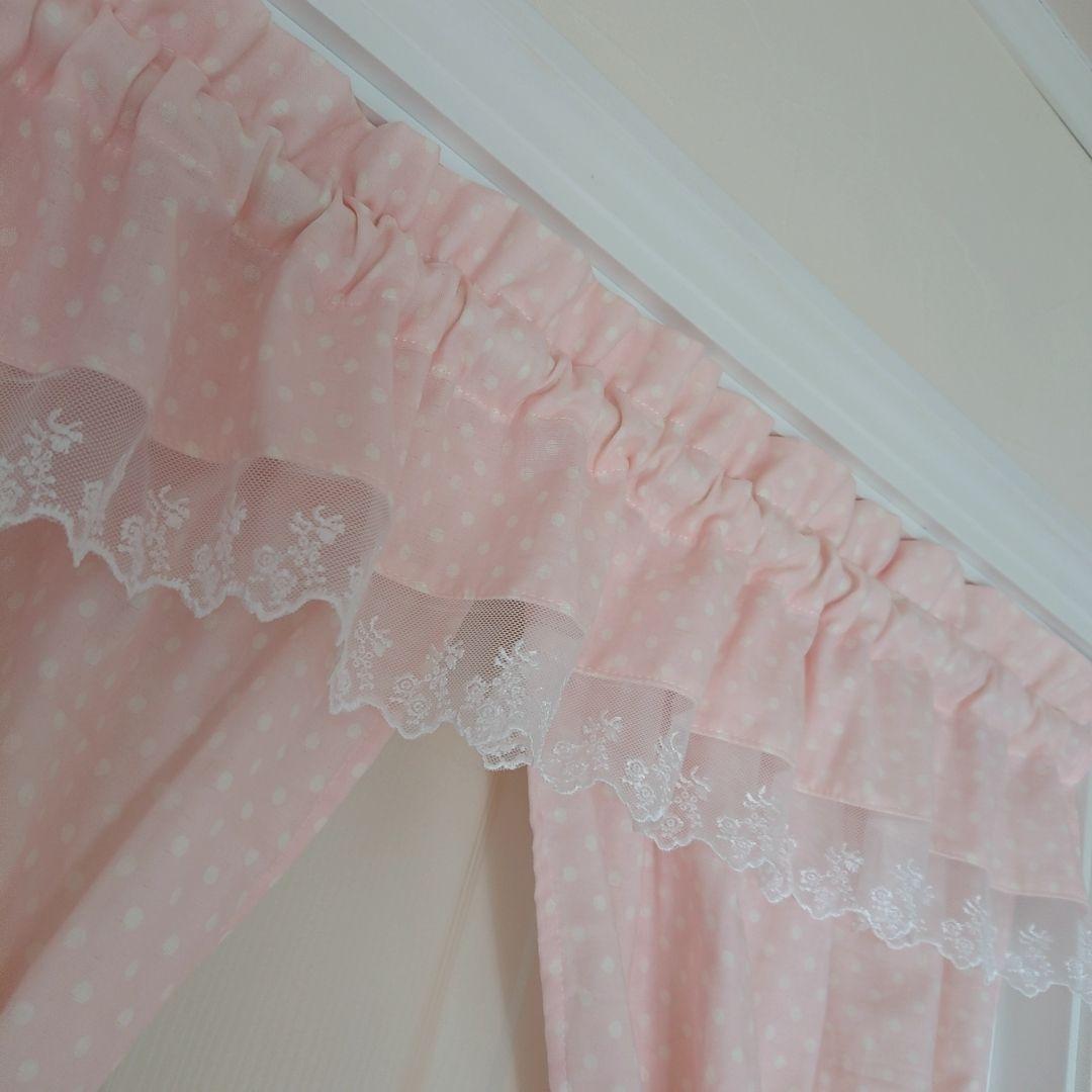 ふんわりダブルガーゼ♡両開き&バランスカフェカーテン ピンク 水玉 ハンドメイド