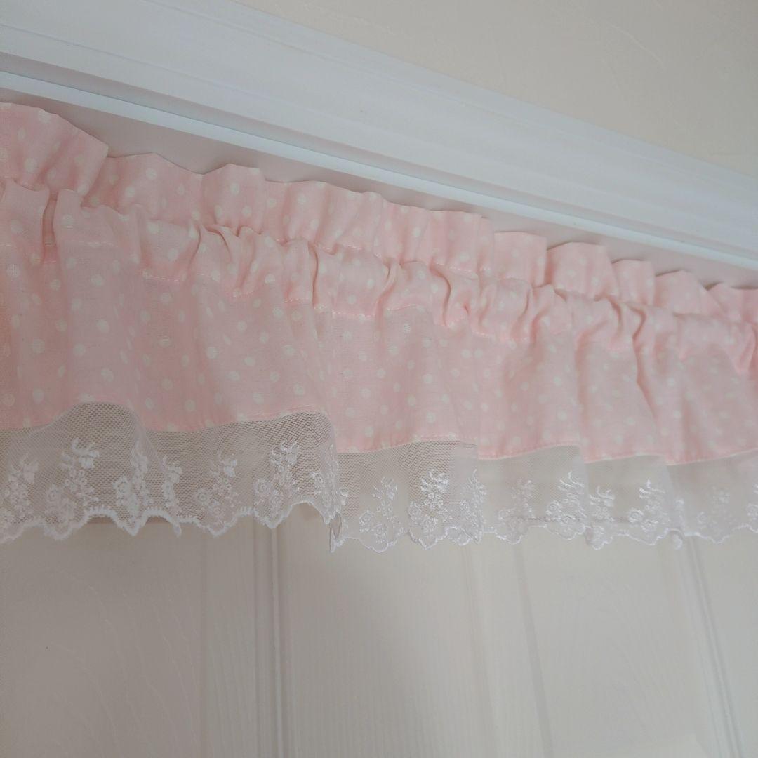 ふんわりダブルガーゼ♡両開き&バランスカフェカーテン ピンク 水玉 ハンドメイド