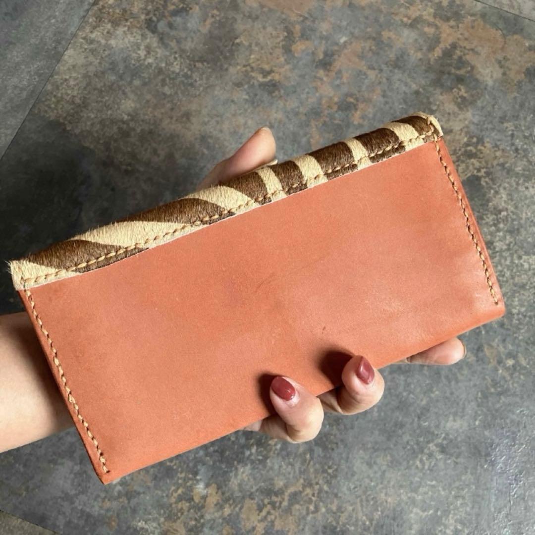 本革☆ハラコ長財布　ゼブラブラウン　サーモンオレンジヌメ革