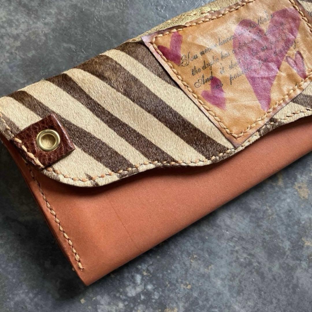 本革☆ハラコ長財布　ゼブラブラウン　サーモンオレンジヌメ革