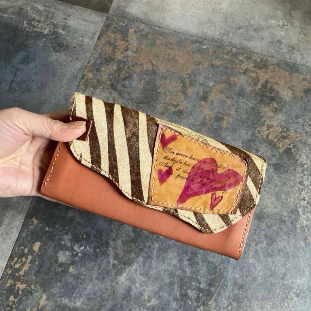 本革☆ハラコ長財布　ゼブラブラウン　サーモンオレンジヌメ革