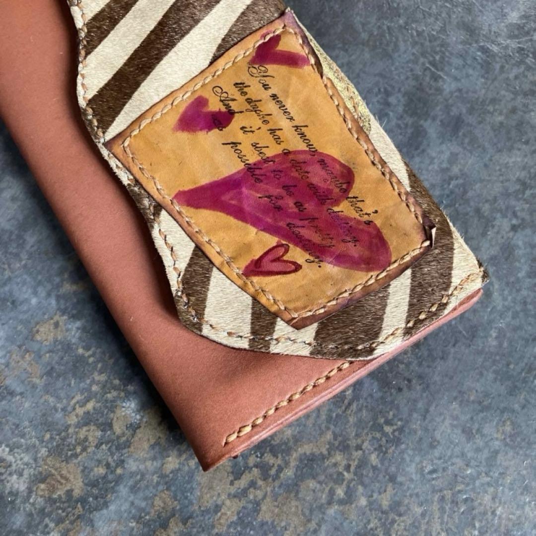 本革☆ハラコ長財布　ゼブラブラウン　サーモンオレンジヌメ革