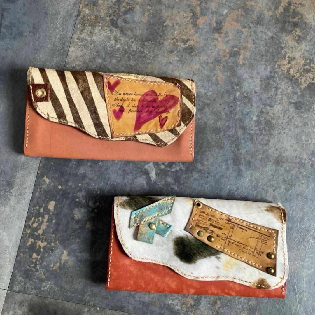 本革☆ハラコ長財布　ゼブラブラウン　サーモンオレンジヌメ革