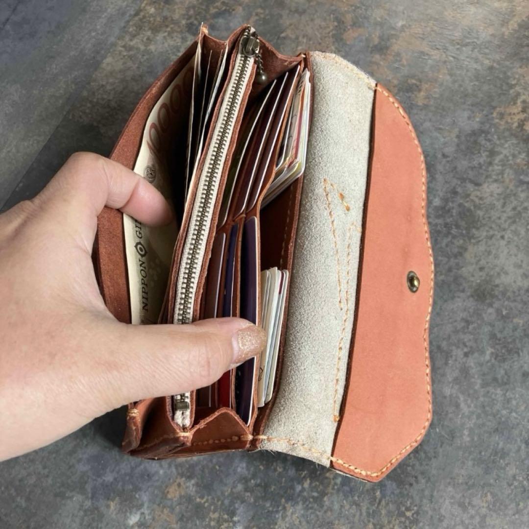 本革☆ハラコ長財布　ゼブラブラウン　サーモンオレンジヌメ革