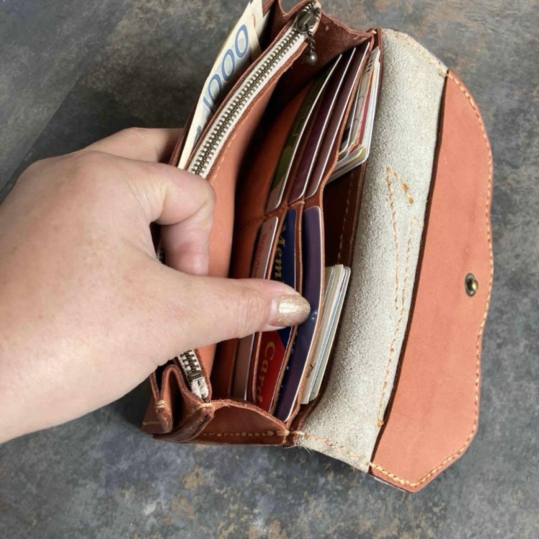 本革☆ハラコ長財布　ゼブラブラウン　サーモンオレンジヌメ革