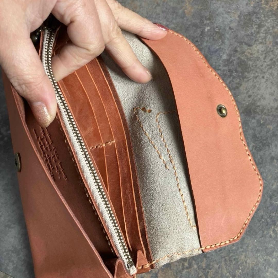 本革☆ハラコ長財布　ゼブラブラウン　サーモンオレンジヌメ革