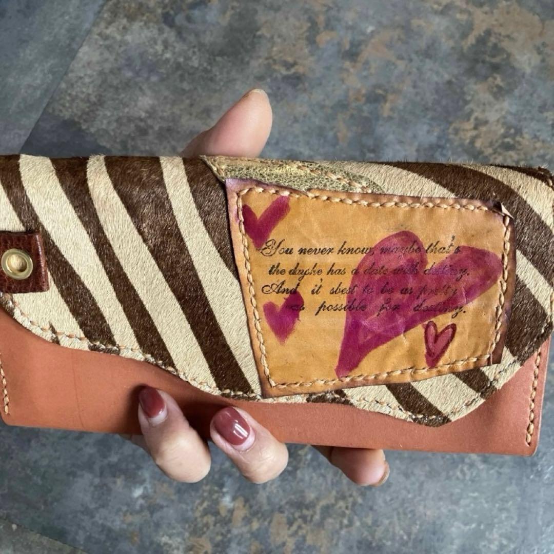 本革☆ハラコ長財布　ゼブラブラウン　サーモンオレンジヌメ革