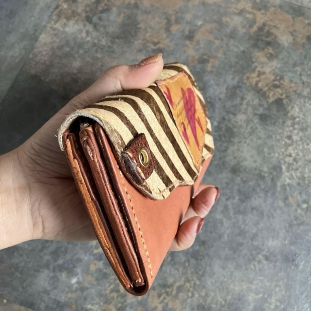 本革☆ハラコ長財布　ゼブラブラウン　サーモンオレンジヌメ革