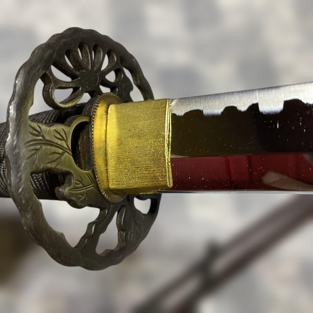 割安模造大刀 黒柄 松葉透し丸鍔 焦茶梨地鞘