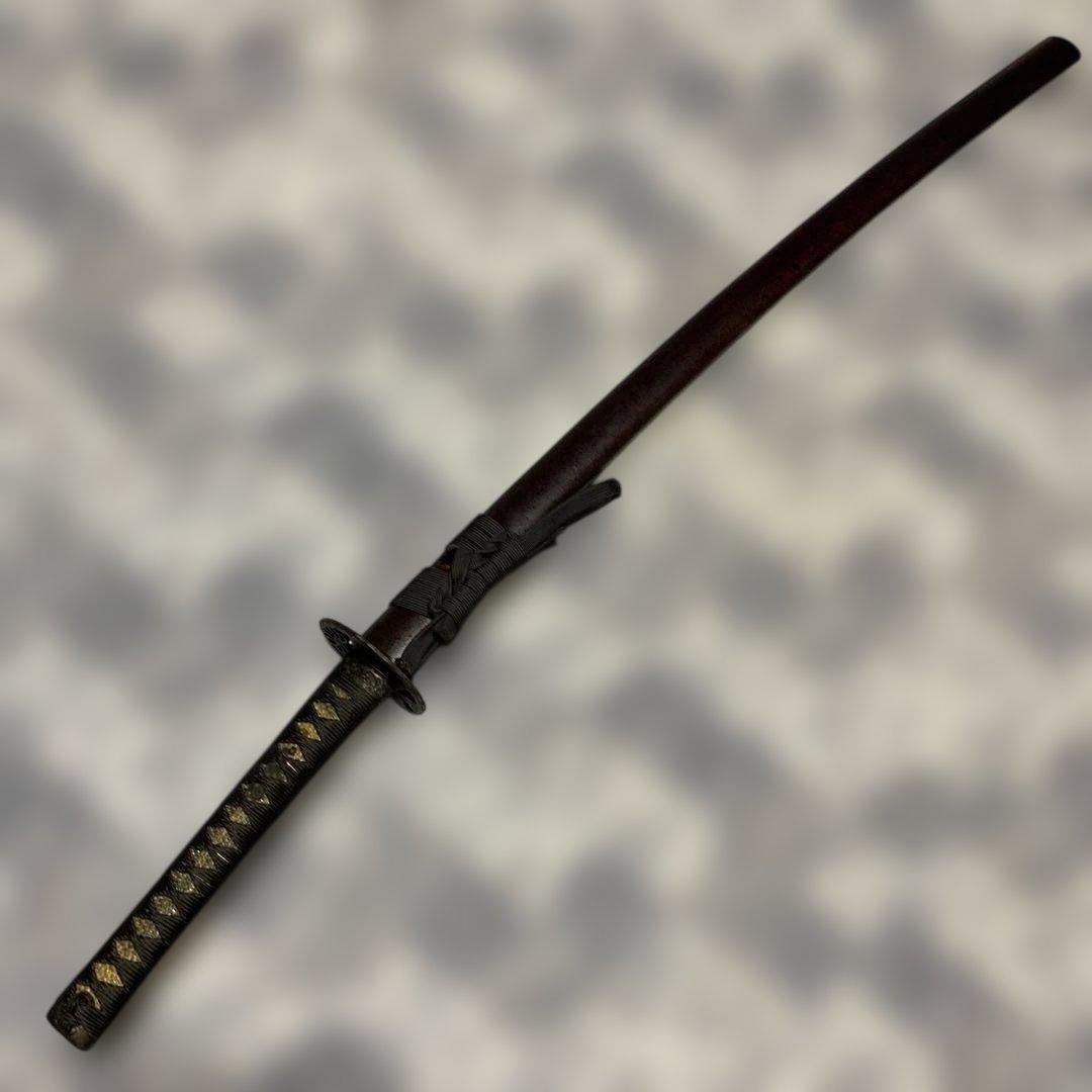 割安模造大刀 黒柄 松葉透し丸鍔 焦茶梨地鞘