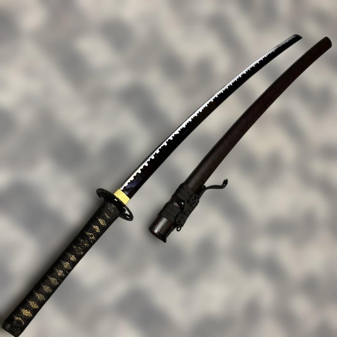 割安模造大刀 黒柄 松葉透し丸鍔 焦茶梨地鞘