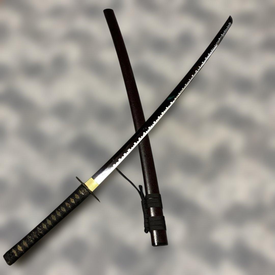 割安模造大刀 黒柄 松葉透し丸鍔 焦茶梨地鞘