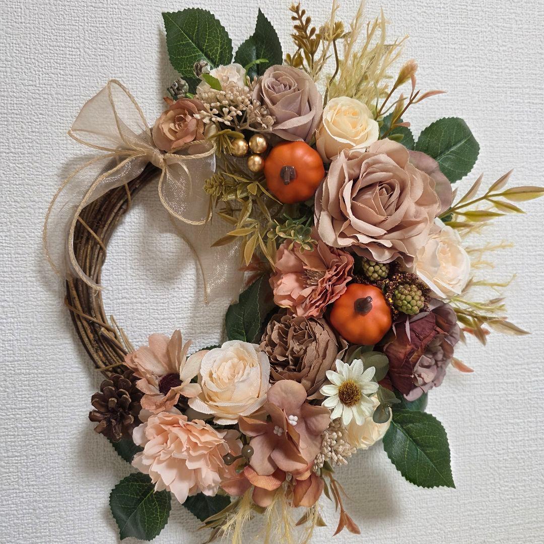 フラワーリース 涼を求めて7 ハロウィンリース 玄関リース 造花 秋色