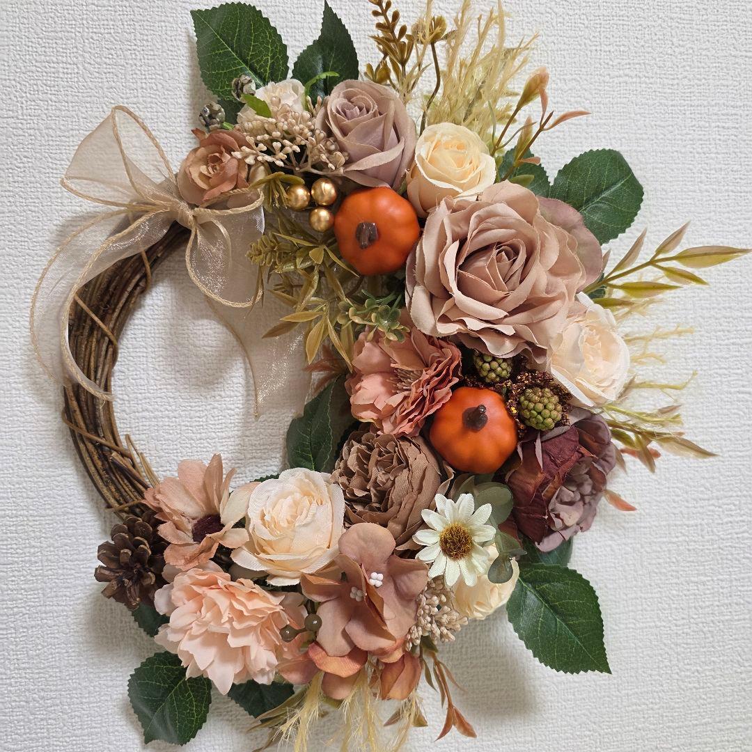 フラワーリース 涼を求めて7 ハロウィンリース 玄関リース 造花 秋色