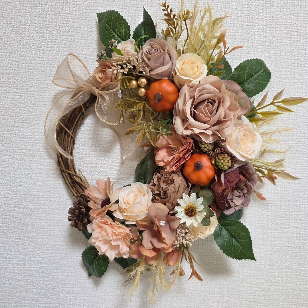 フラワーリース 涼を求めて7 ハロウィンリース 玄関リース 造花 秋色