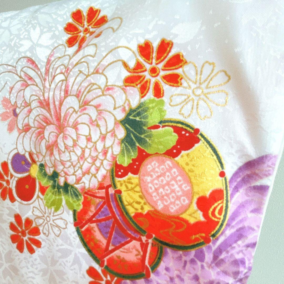 美品　七五三　３歳女の子　長着＆被布＆長襦袢＆小物　白×赤　地紋　桜鼓菊うさぎ