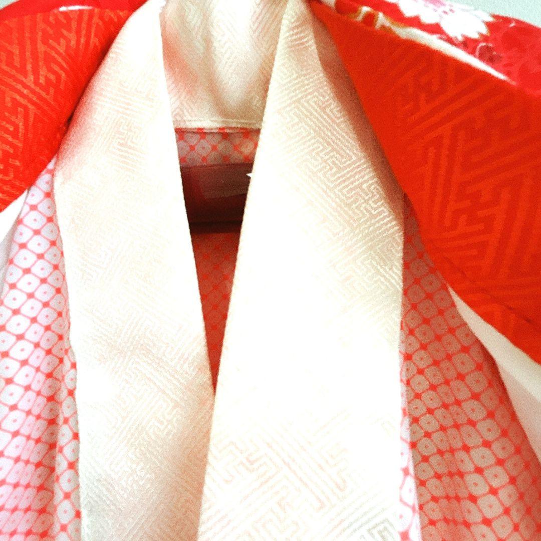 美品　七五三　３歳女の子　長着＆被布＆長襦袢＆小物　白×赤　地紋　桜鼓菊うさぎ