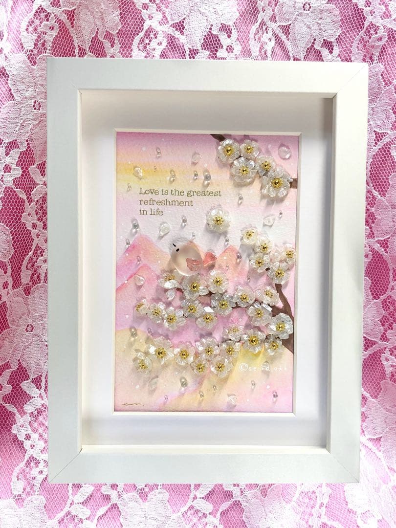 1445春の陽気と山峰 桃桜 小鳥 インテリア シーグラスアート 玄関飾り 置物